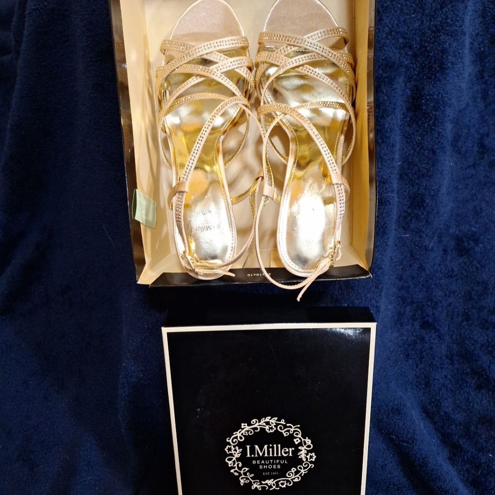 I. Miller Size 7.5w Gold  Rhinestones Strapped open toe Heels